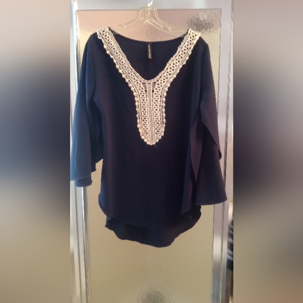 Navy Blue Top with Lace Detail And Beautiful Open Bell Sleeves